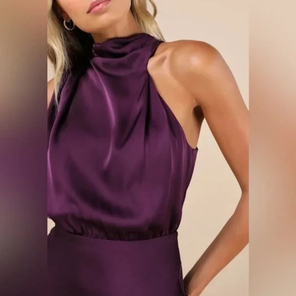 Lulus S Maxi Long Dress Distinctive Charm Satin Mock Neck A Line Sleeveless NEW - Picture 2 of 10